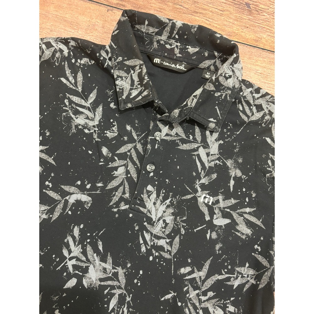 TravisMathew Mens Black Grey Leaf Print Pima Cotton Blend Polo Shirt Size M